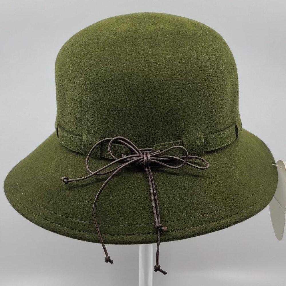 😍 Olive Green Boho Chic Wool Felt Brim Hat with Faux Leather Bow * Crushable *
